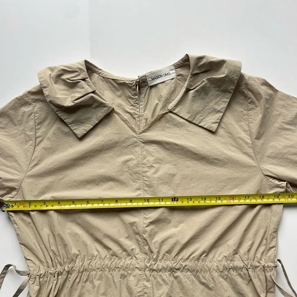 Masion Limo Beige Midi Dress Puff Sleeve Drawstring Waist Minimalist Chic - Picture 8 of 9